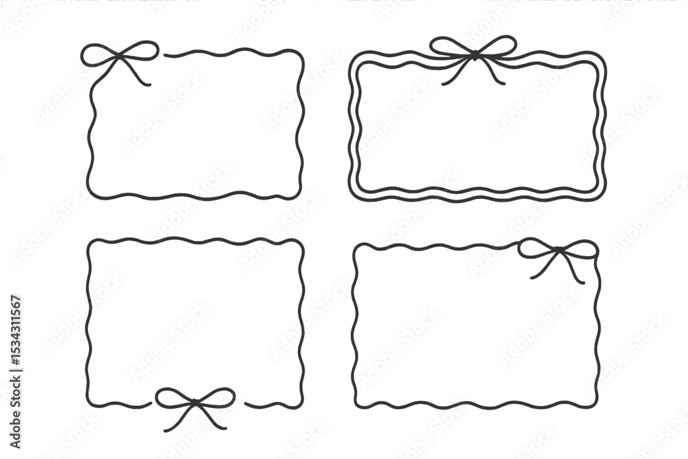 Poster Decorative vector flat illustration of four different shaped frames with bows for creative design projects