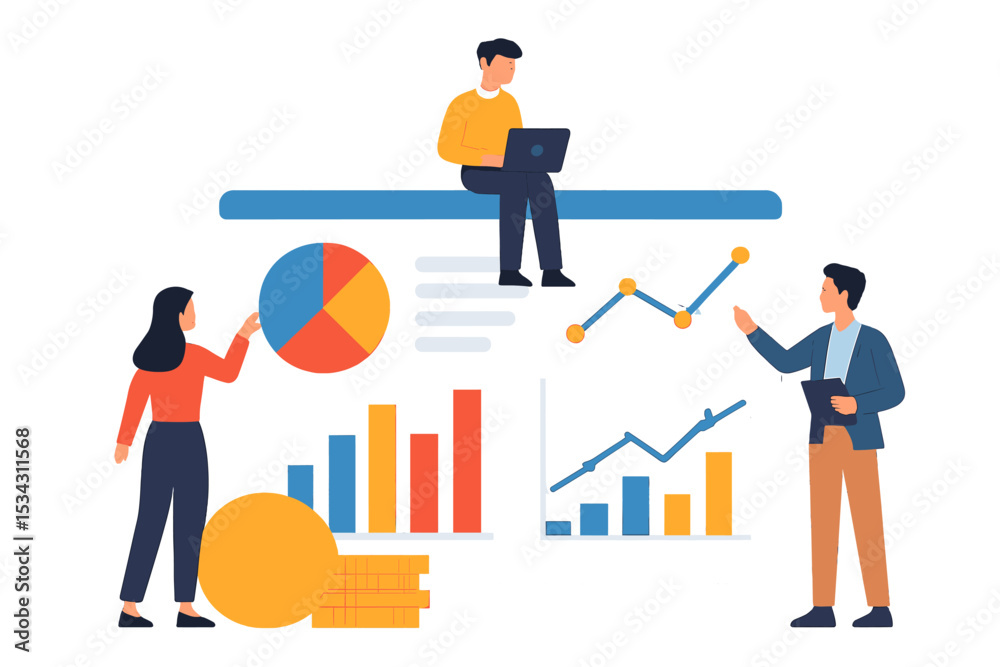 Poster Vector flat illustration depicting a team analyzing financial data with charts and graphs in an office setting