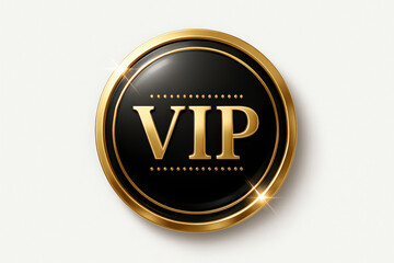 features a luxurious VIP emblem centered against a clean white background. At the heart of the design is a glossy black circular badge with a golden edge, reflecting light with elegant sparkles