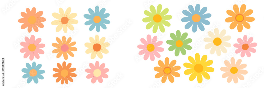 Poster colorful vector illustration of daisies in various pastel shades arranged in a playful pattern for s