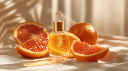 Still life of citrus fruit slices with golden oil bottle on white fabric in soft light setting