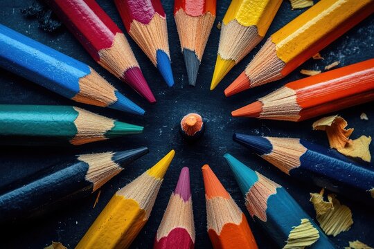 Colored pencils arranged in a circular pattern on a dark surface
