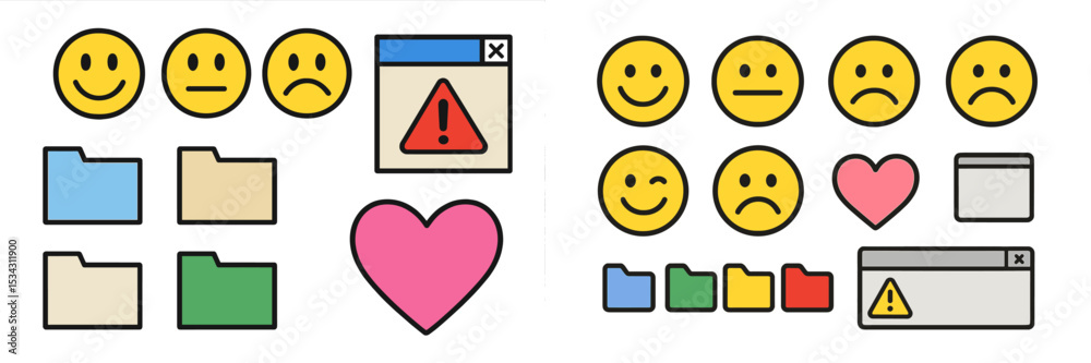 Poster Vector flat illustration depicting various emoticons and folder icons representing different emotional states and alerts for digital environment