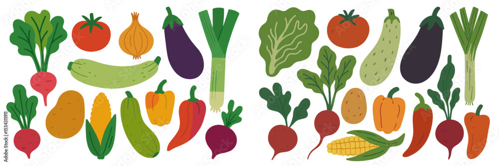 Poster colorful vector flat illustration of assorted vegetables arranged in a playful design