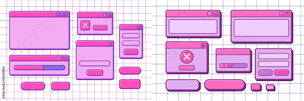 Poster Flat vector illustration of pink user interface elements on graph paper background