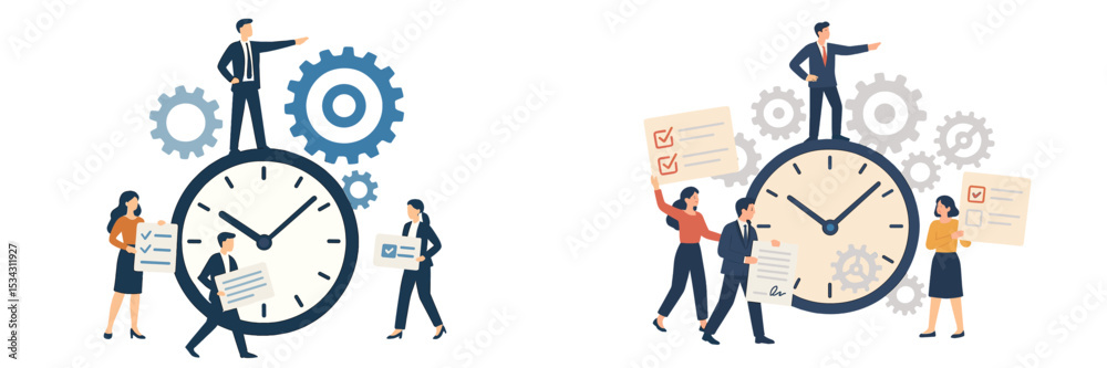 Aufkleber Vector flat illustration depicting teamwork and time management in a business setting with gears and documents at work