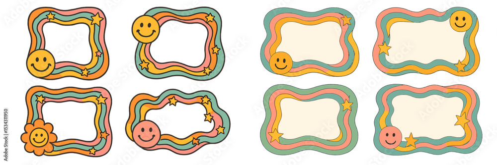Poster colorful vector flat illustrations of decorative frames with smiley faces and cheerful elements idea