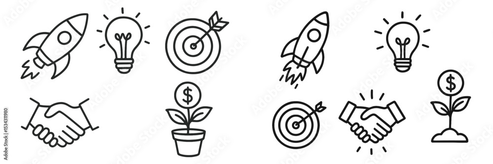 Aufkleber creative business growth symbols showcasing innovation and partnership in a dynamic flat vector styl