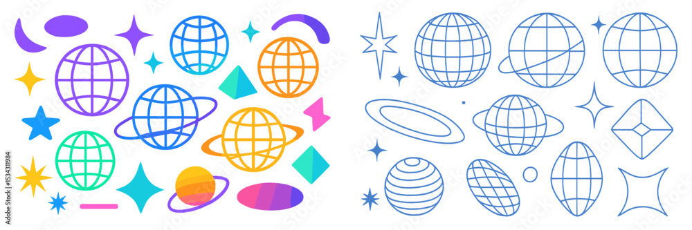 Poster colorful vector flat illustration of global symbols and shapes representing the cosmos and abstract 