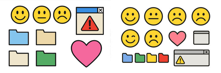 Fototapeta premium Vector flat illustration depicting various emoticons and folder icons representing different emotional states and alerts for digital environment