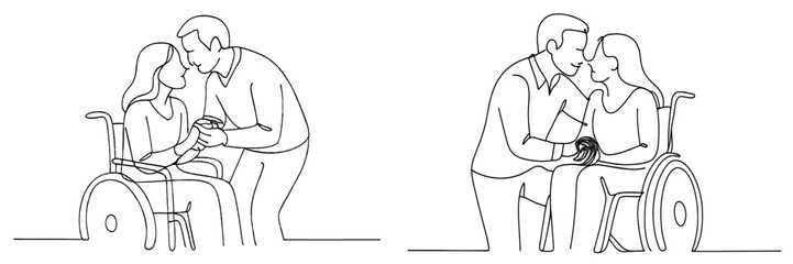 Couple embracing in a heartfelt moment with one partner in a wheelchair during a sunny day outdoors