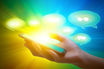 Hand holding smartphone with vibrant digital chat bubbles