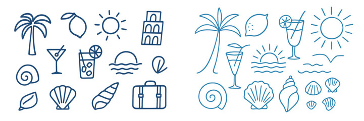 Obraz premium Vector flat illustration of summer elements including drinks, seashells, and sun icons perfect for tropical themes and beach vibes