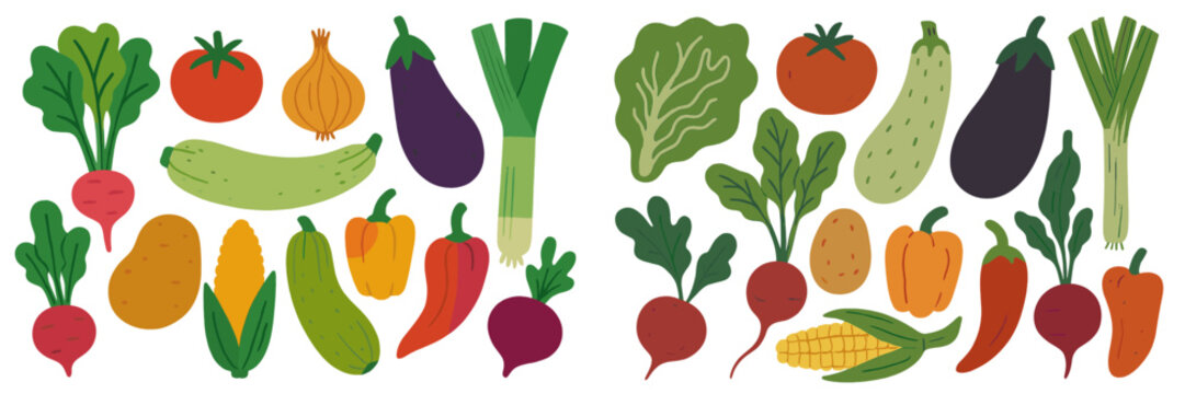 Colorful vector flat illustration of assorted vegetables arranged in a playful design