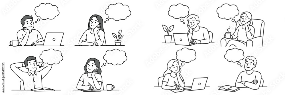 Poster remote work activities illustrated through diverse characters engaged in thinking and productivity i