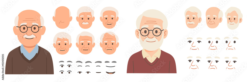 Poster character design featuring various facial expressions of an elderly man in a vector flat illustratio