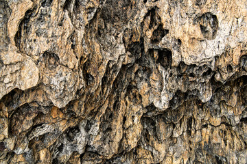 Detailed of a weathered and eroded rock formation, revealing layers of geological history. This abstract stone texture with dark, rugged patterns makes for a powerful grunge, natural background