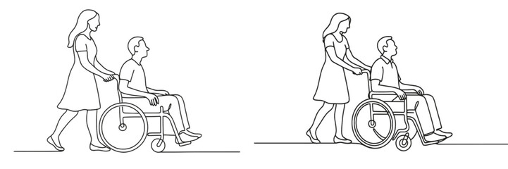 Supportive woman assisting a man in a wheelchair during an outdoor activity at a park on a sunny day