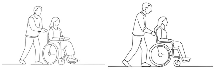 Supportive assistance in a vector illustration of a caregiver helping a person in a wheelchair during daytime activities in a neutral setting