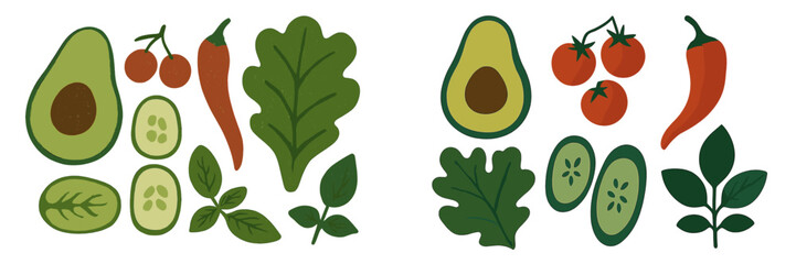 Fototapeta premium Colorful vector flat illustration of fresh vegetables, herbs, and fruits on a clean background featuring avocados, tomatoes, and leafy greens