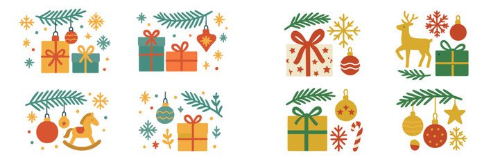 Holiday themed vector flat illustration featuring festive gifts, ornaments, and decorations in a cheerful arrangement