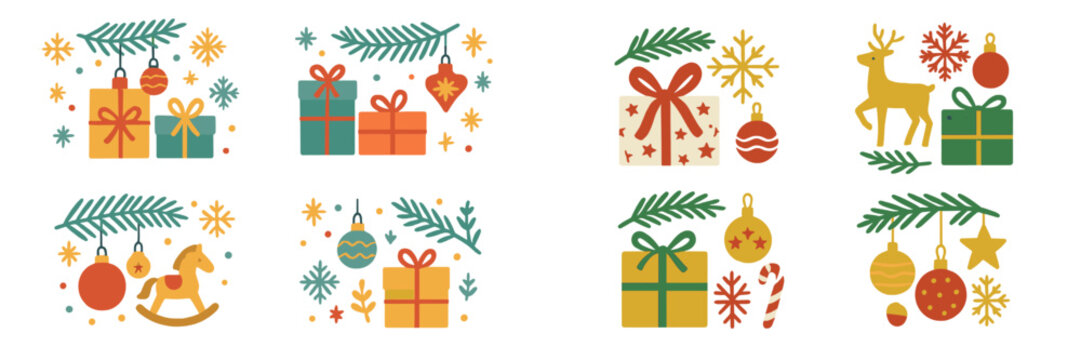 Holiday themed vector flat illustration featuring festive gifts, ornaments, and decorations in a cheerful arrangement