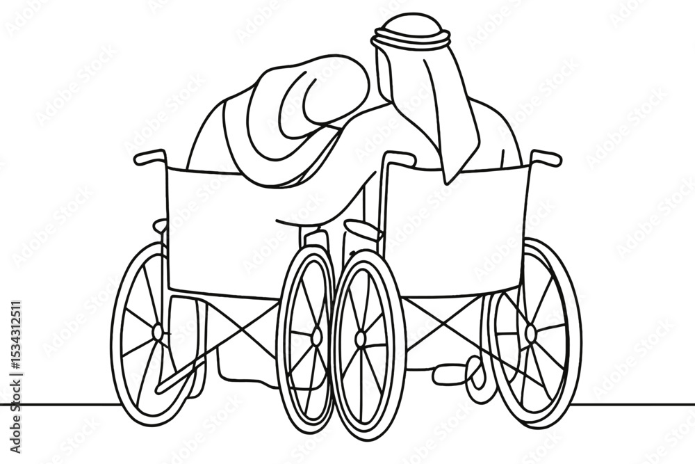 Aufkleber couple in wheelchairs enjoying companionship in a serene setting with minimalistic design
