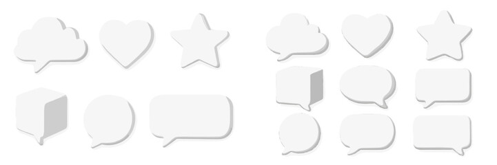 Vector flat illustration of communication symbols in white, featuring speech bubbles, shapes, and icons representing dialogue and interaction
