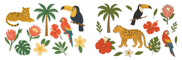 Fototapeta premium Vibrant flat vector illustration featuring tropical plants, colorful birds, and wildlife in a lively jungle setting