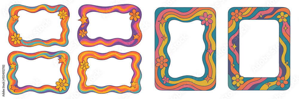 Aufkleber colorful flat vector illustrations of decorative frames with wavy designs and floral patterns suitab