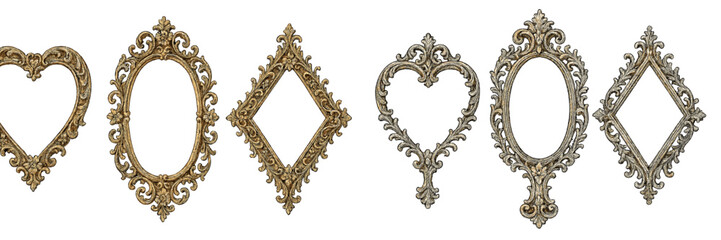 Decorative vintage frames in various shapes and colors for artistic display and stylistic enhancement