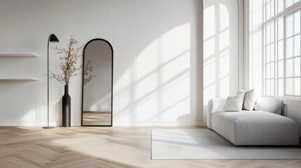 Minimalist, bright living room with natural light