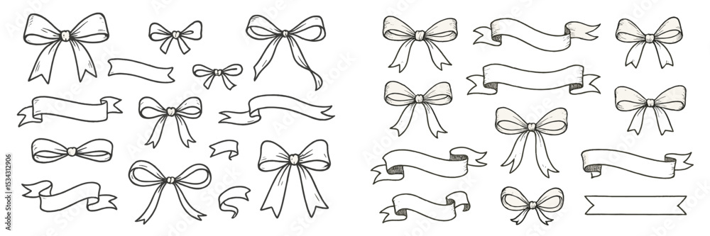 Poster collection of vector flat illustrations featuring various ribbon and bow designs suitable for festiv