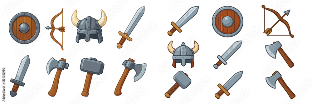 Aufkleber collection of medieval weapons and armor in vector flat illustration style for gaming and design pur