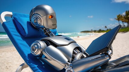 Relaxing robot on beach lounger with laptop enjoying sunny day at seaside