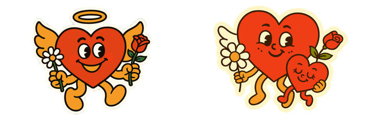 Colorful vector flat illustration of cheerful hearts with wings holding flowers, perfect for expressing love and joy in everyday life