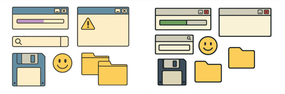 Digital workspace elements featuring interface windows, progress bars, icons, and folders in a vector flat style