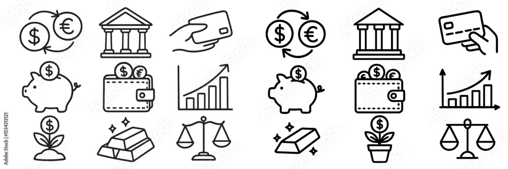 Poster Financial symbols and concepts illustrating transactions and investment strategies in a simple design style