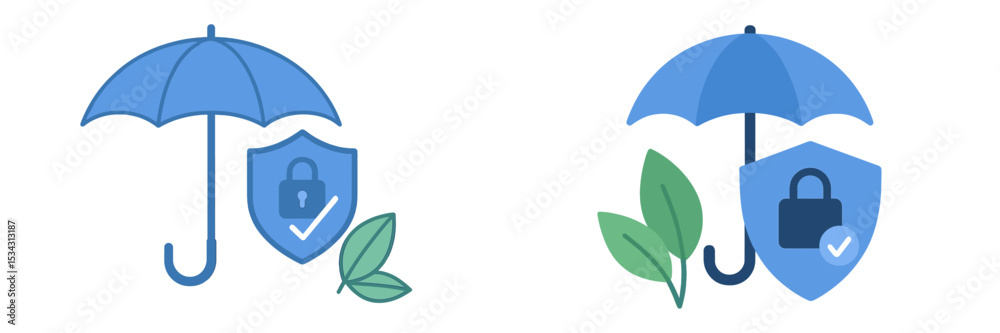 Poster blue umbrella icons representing protection and security with shield and leaves in a modern design s