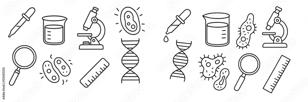 Poster illustration of scientific tools and microorganisms depicting research and experimentation in a labo