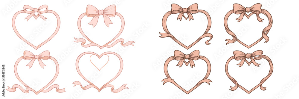 Aufkleber decorative heart frames with bows in a soft pink color for elegant designs