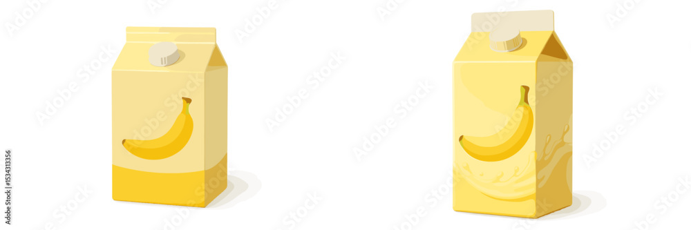 Poster bright yellow banana milk cartons displayed on a white background with simple designs and playful im
