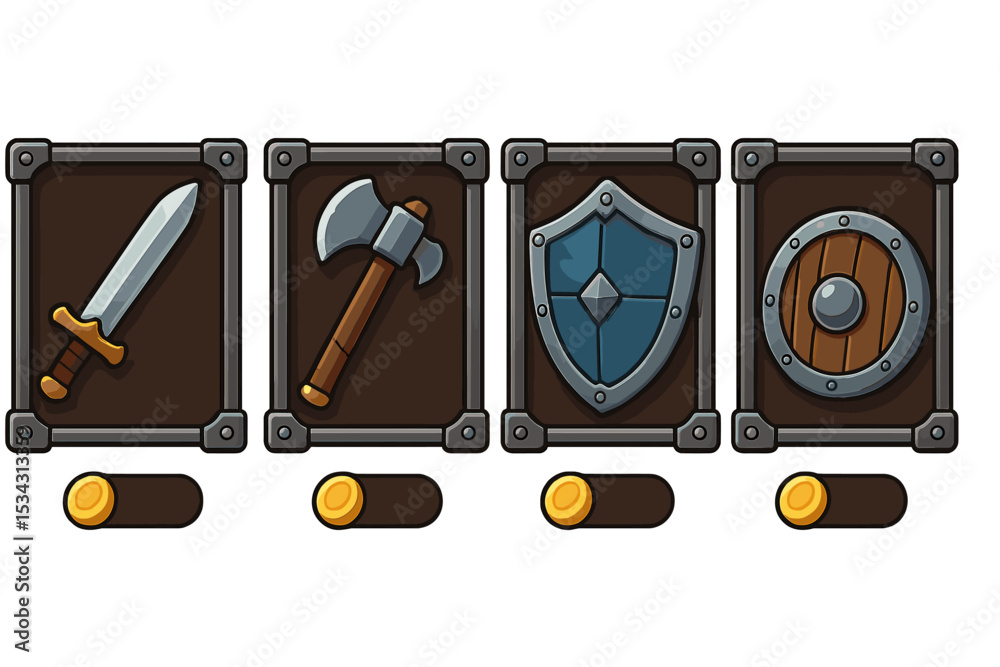 Poster Various weapons and shields displayed in a digital game interface with coins at the bottom