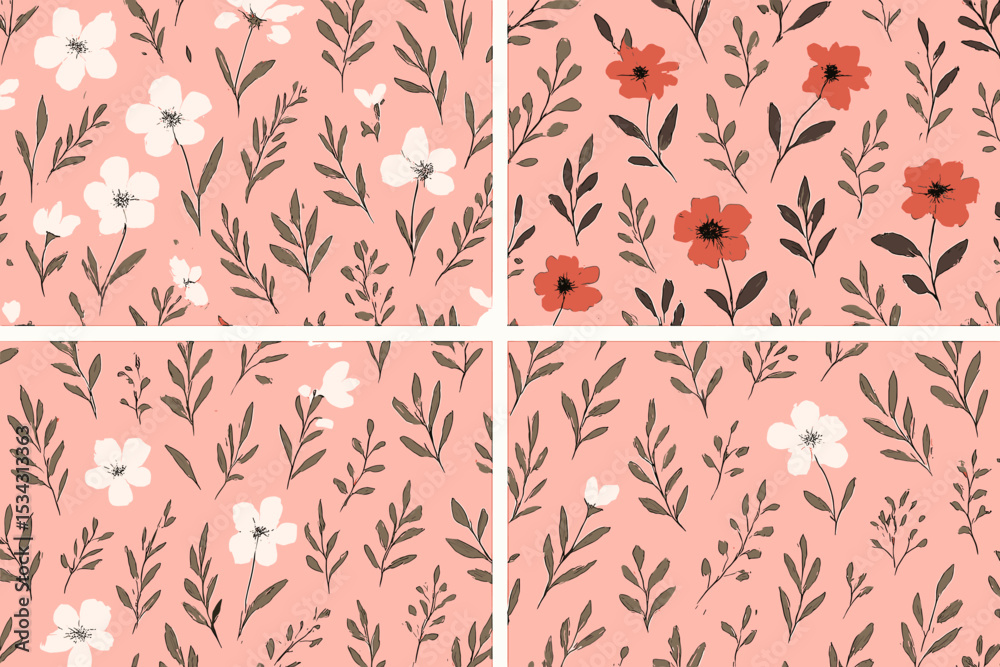 Poster floral patterns in soft pink featuring white and red flowers with green leaves in a modern design st