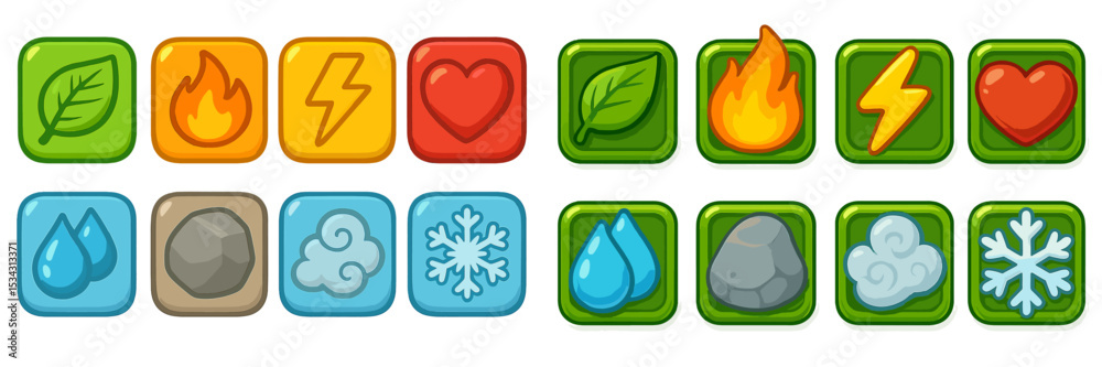 Aufkleber Colorful nature and element icons arranged in a grid representing various concepts such as fire, water, and life
