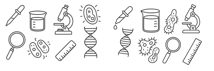 Illustration of scientific tools and microorganisms depicting research and experimentation in a laboratory setting