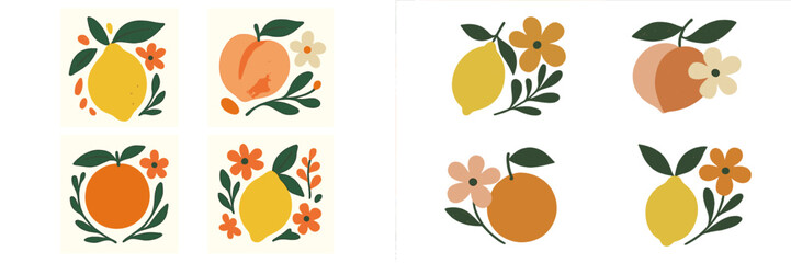 Modern floral illustrations featuring fruits like lemons, oranges, and peaches with vibrant colors and simple designs