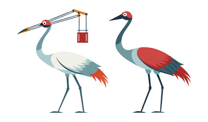 Obraz premium Photo of two stylized cranes, one carrying a small red bucket, isolated on white background