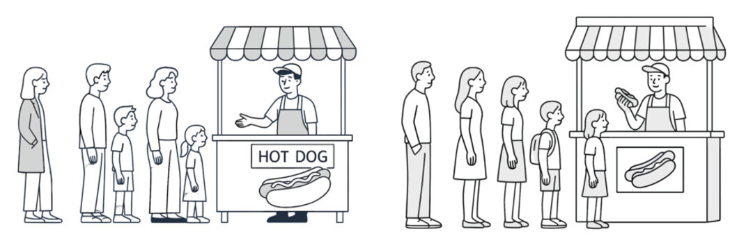 Crowd gathers at a hot dog stand during an outdoor event in a community park with families enjoying snacks