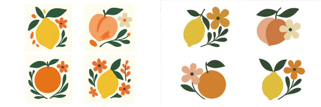 Modern floral illustrations featuring fruits like lemons, oranges, and peaches with vibrant colors and simple designs